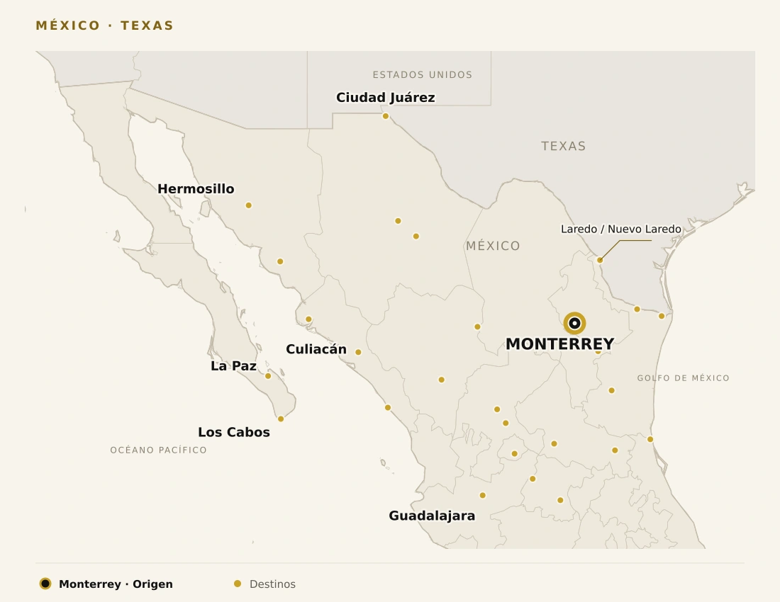 Mapa resumido de destinos desde Monterrey. Abrir el mapa con los 27 destinos en otra pestaña.